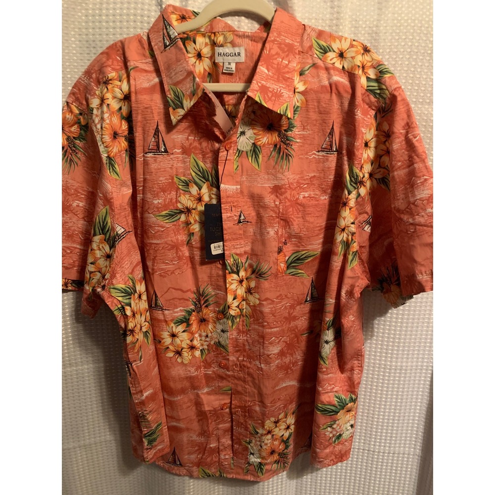 Haggar Mens 3X Aloha Orange Tropical Floral Sailboat Short Sleeve Untucked Shirt